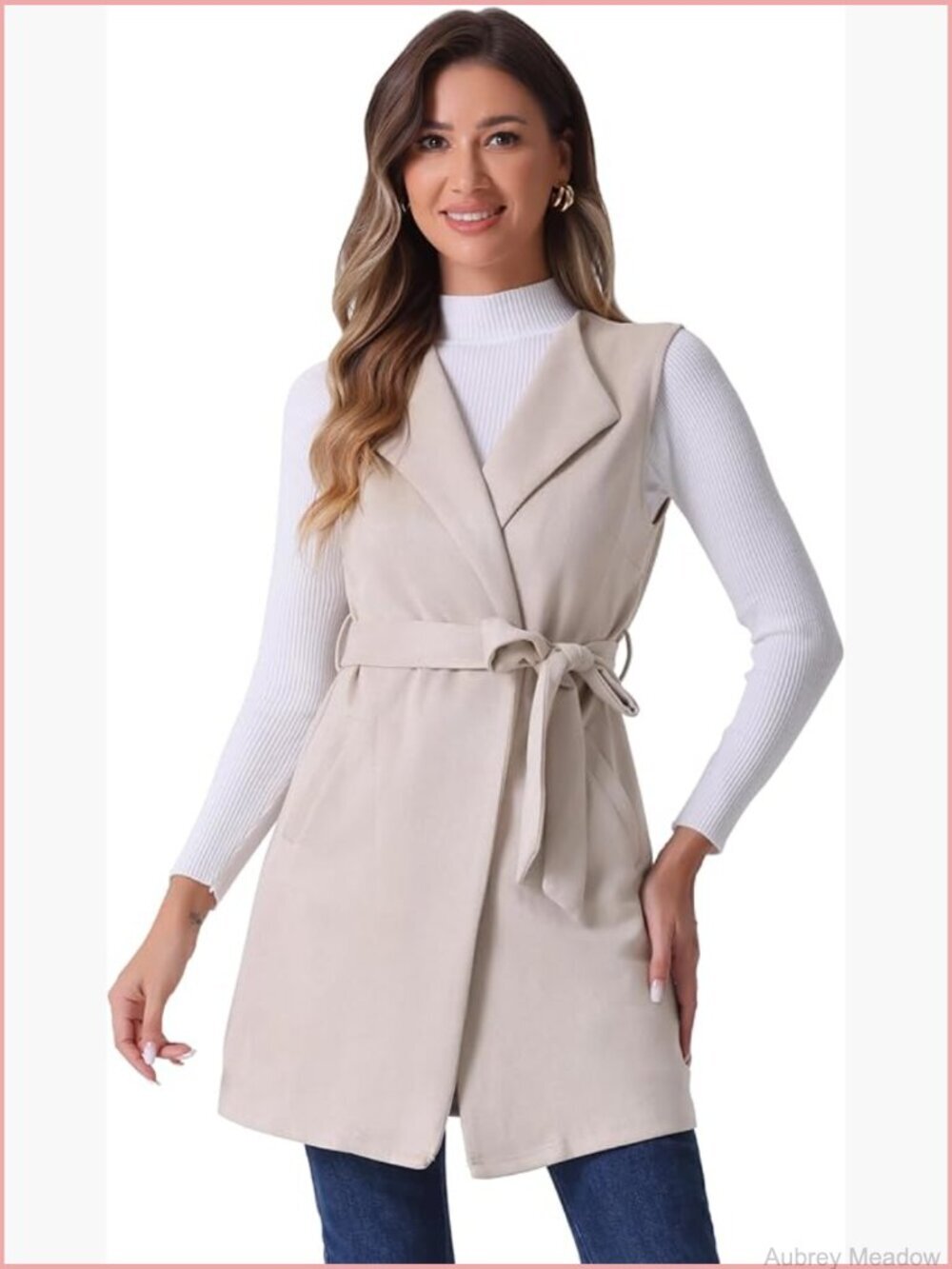 Long Sleeveless Faux Suede Cardigan Vest with Belted Waist